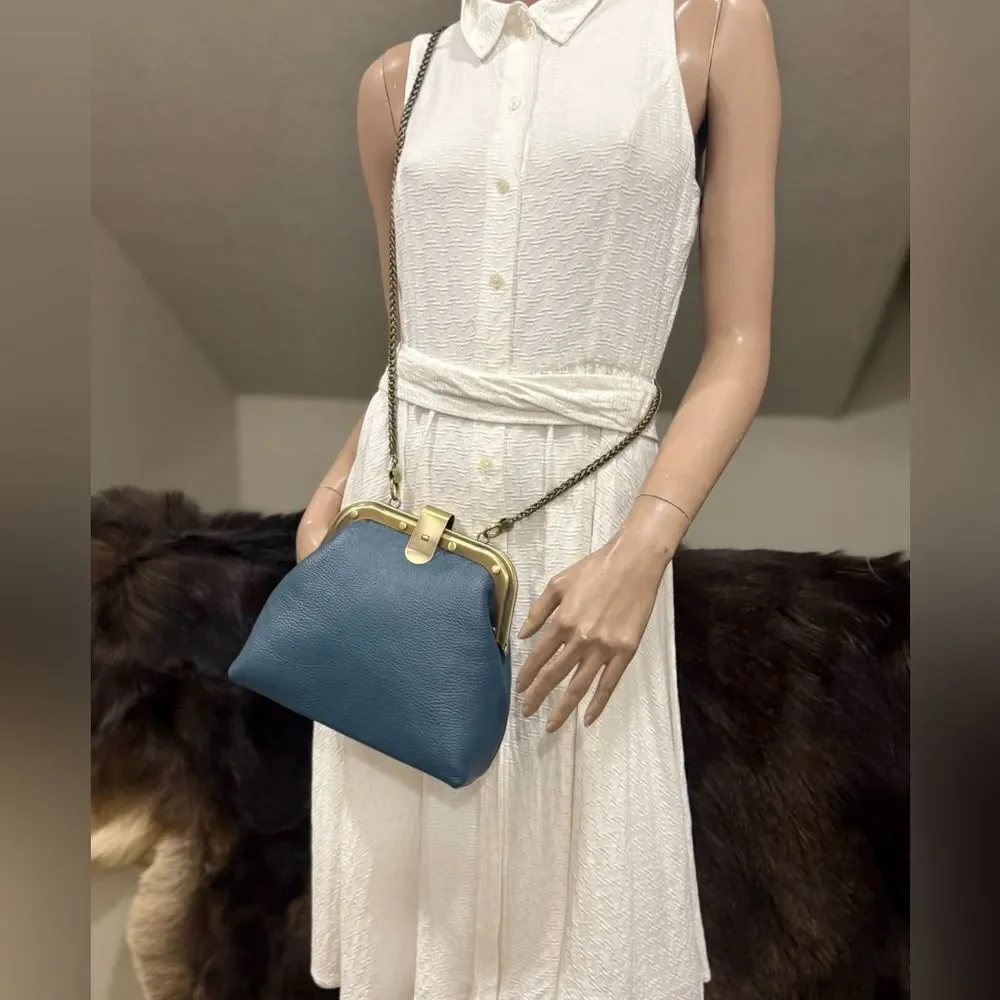 Blue Premium Pebble Leather Handmade Unique Rivet Metal Frame Handbag/Crossbody
